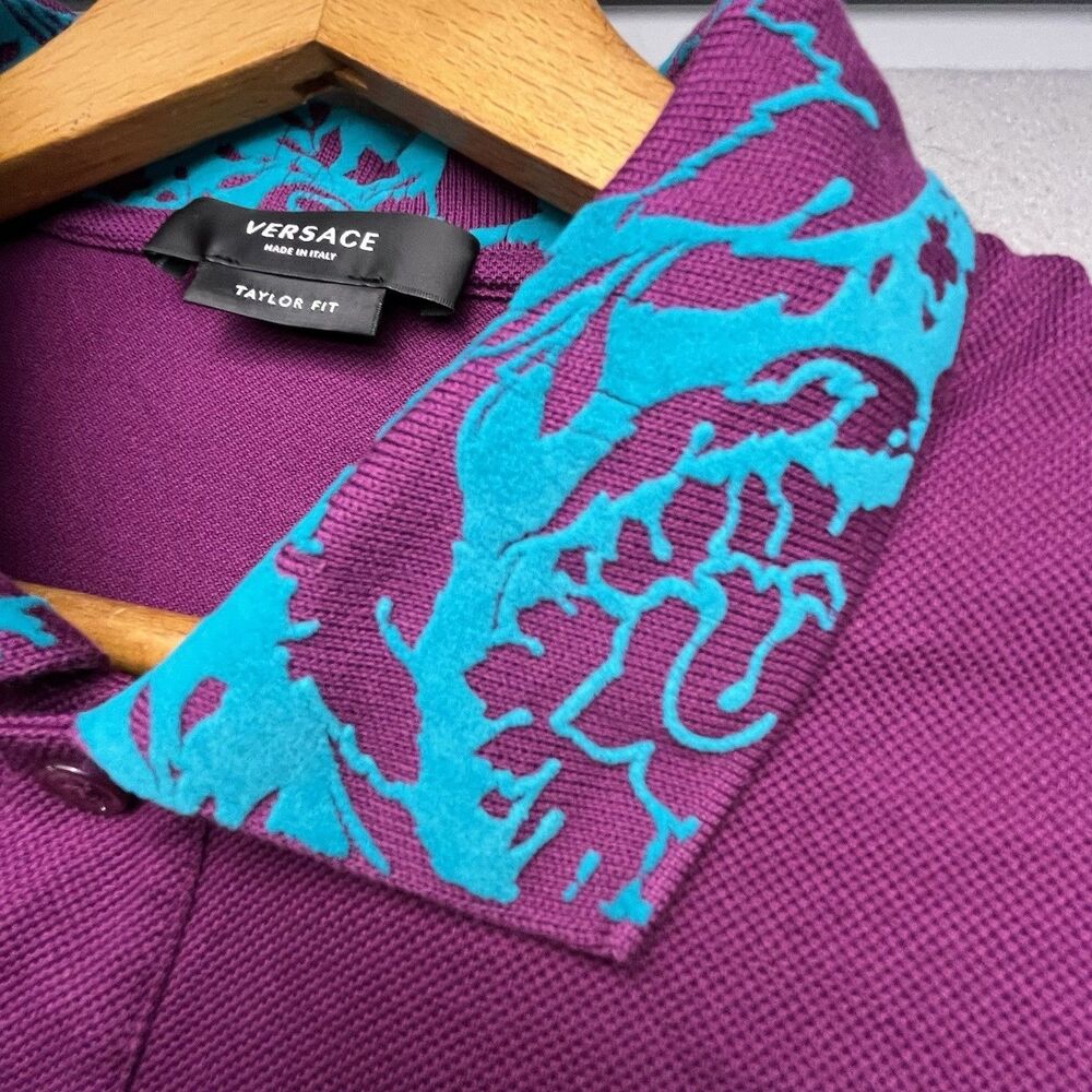 Versace Polo Shirt Men's L Purple Textured Collar Short Sleeve Chest Logo Knit - Picture 3 of 13